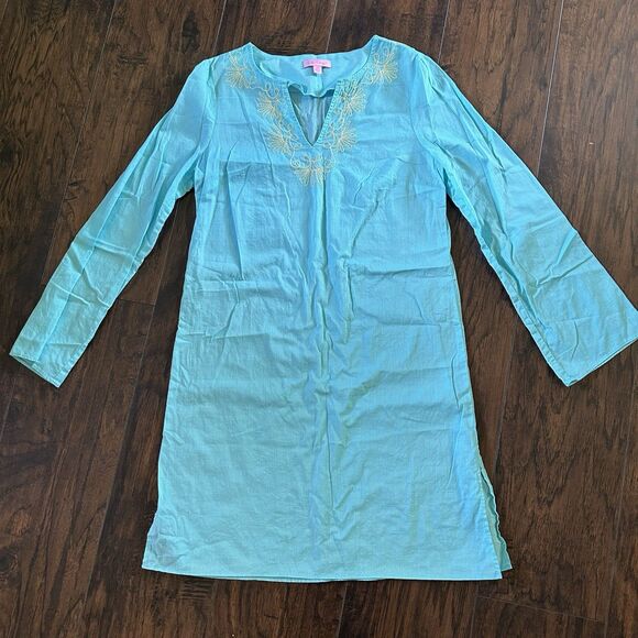 Lilly Pulitzer Elina Tunic Dress Cover Up XS Embroidered Blue Boho V-Neck - Picture 1 of 9